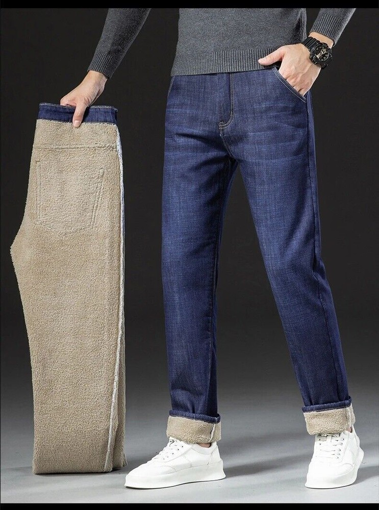 Mens Thermal Jeans Thick Velvet Denim Pants Warm Fleece Lined Jeans Trousers