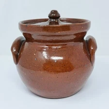 Jugtown Ware Brown Speckled Bean Pot W/ Lid North Carolina Pottery NC Approx 6" 