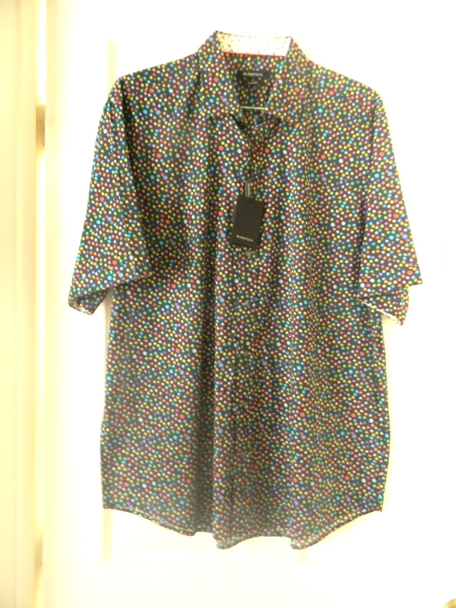 BUGATCHI Men's XL, Polka Dot Short Sleeve Button Down Shirt Classic Fit  Cotton