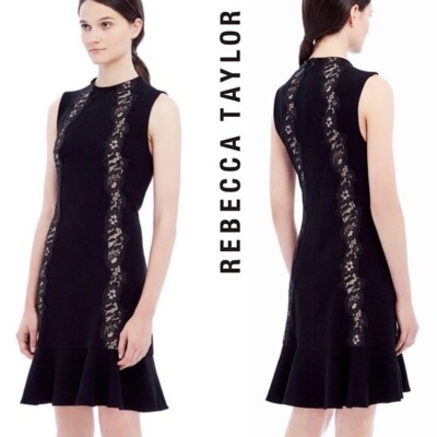 Rebecca Taylor Black Crepe Lace Sleeveless Mini Dress M (8)