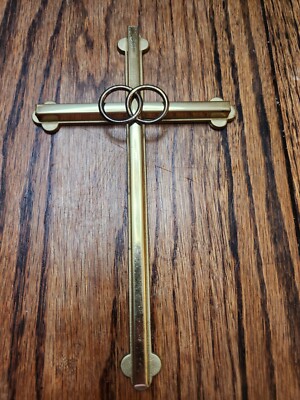 Vintage 8'' Catholic Christian Cross Copper & Shiny Gold Metal 2 Rings Easter 
