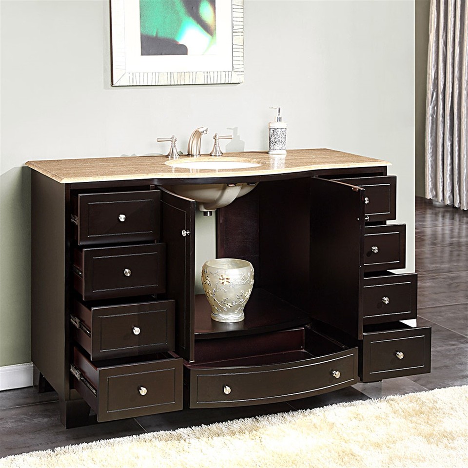 55inch Single Sink Bathroom Vanity Travertine Stone Top Espresso