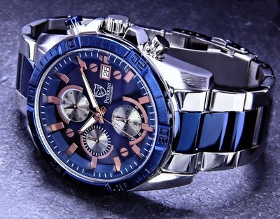 Pierrini Herren Edelstahl - Armband Uhr Chronograph Blau Silbern Datum