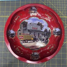 Coca-Cola Advertising Serving Tray Red Metal Vintage Truck Store Scene Gold Trim