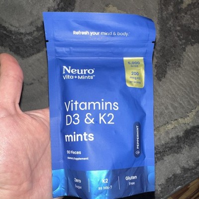 Neuro Mints Vitamins D3 & K2, 90 Pieces Zero Sugar Peppermint - Brand New Sealed