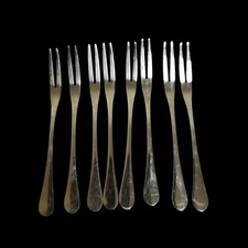 8 Vtg Stainless Seafood Cocktail Pickle Forks 5 1/8” Minimalist Two Prong Fork