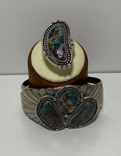 Southwest 925 Sterling Silver/Turquoise Squash Blossom Cuff & Ring Vintage Large