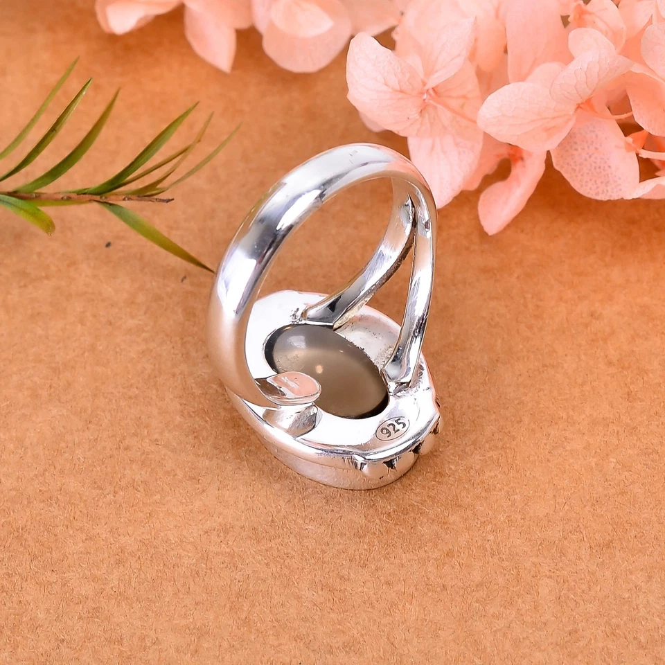 Hermoso y atractivo anillo de plata de ley 925 maciza con piedras preciosas de cuarzo ahumado V2541 Foto 4 de 4