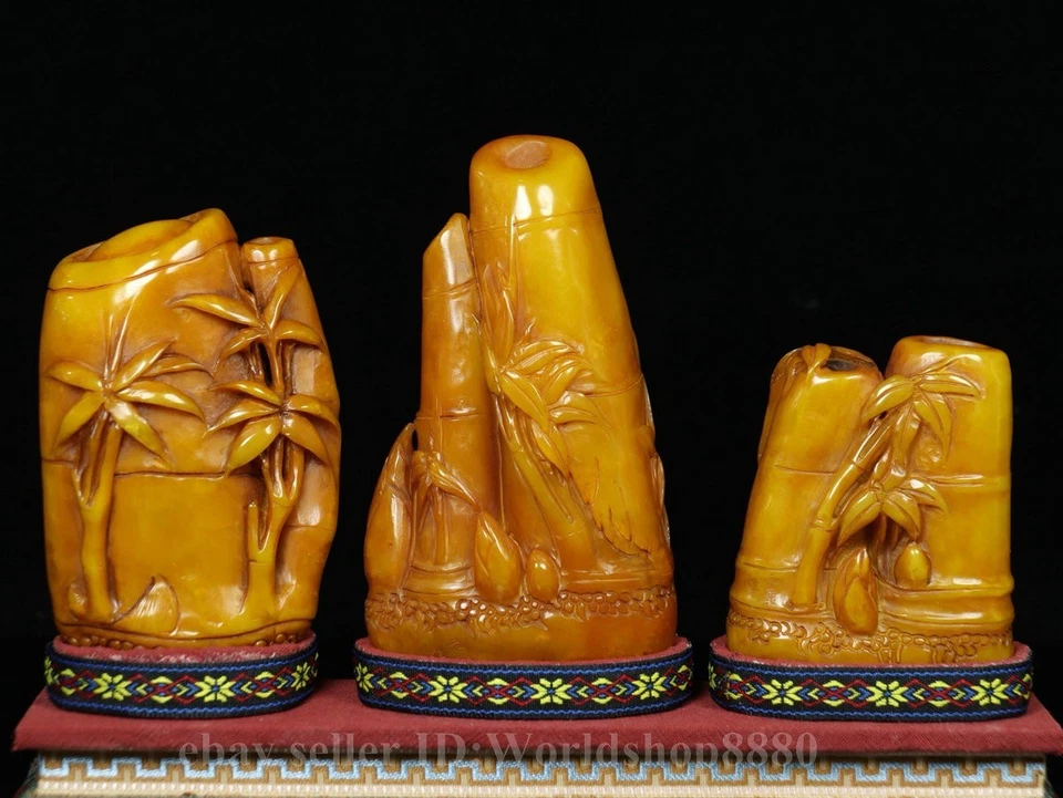 Juego de 3 sellos de estatua de bambú tallados en piedra Shoushan china antigua de 9,6" Foto 2 de 4