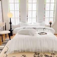 White Lace Ruffled Queen Duvet Cover Set, Bow Duvet Cover,Chic Bedding,100 P...