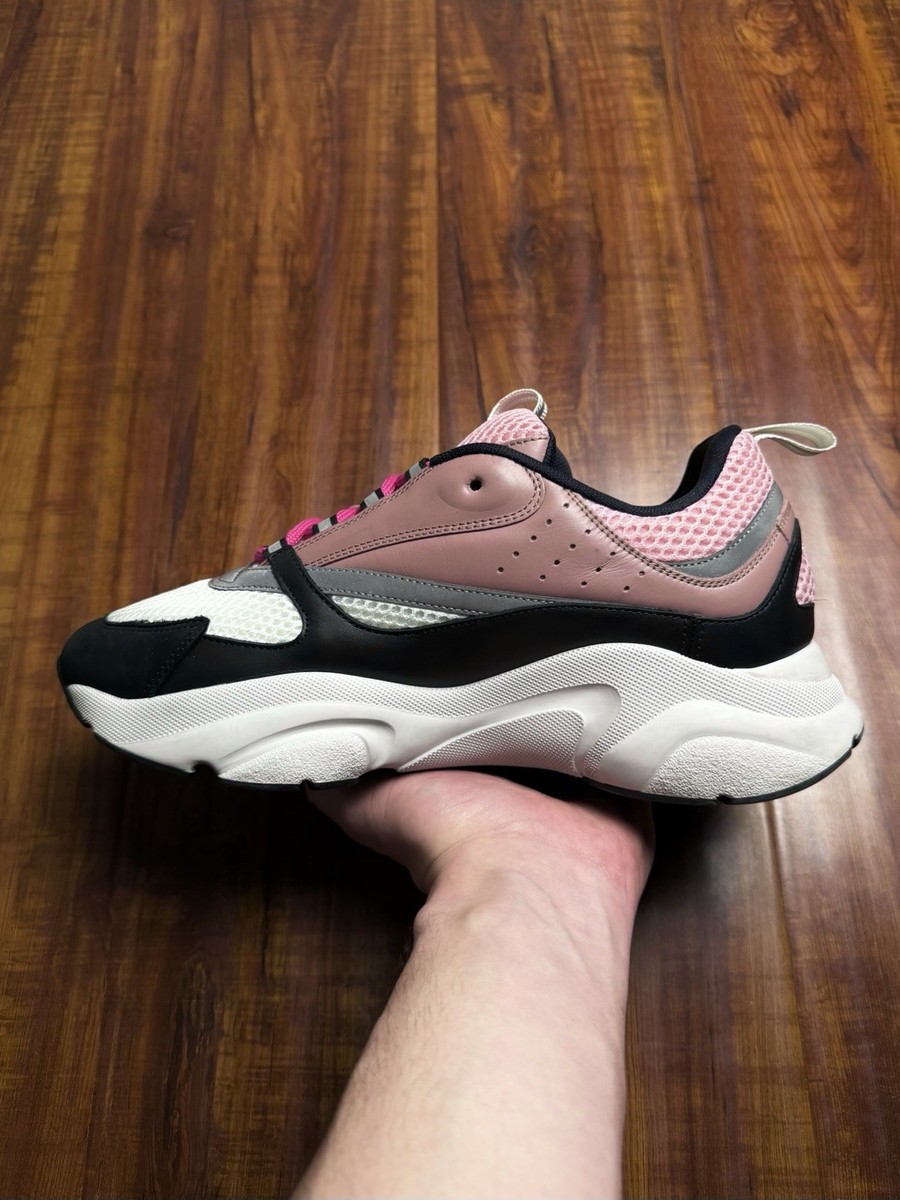 Dior B22 Reflective White Pink Black Leather Mens Mesh Sneakers