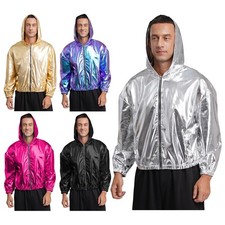 Mens Long Sleeve Shiny Holographic Bomber Jacket Windbreaker Hooded Coat Fashion