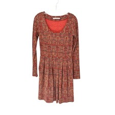 Peruvian Connection Red Aztec Print Pleated Long Sleeve Knee Length Dress XS