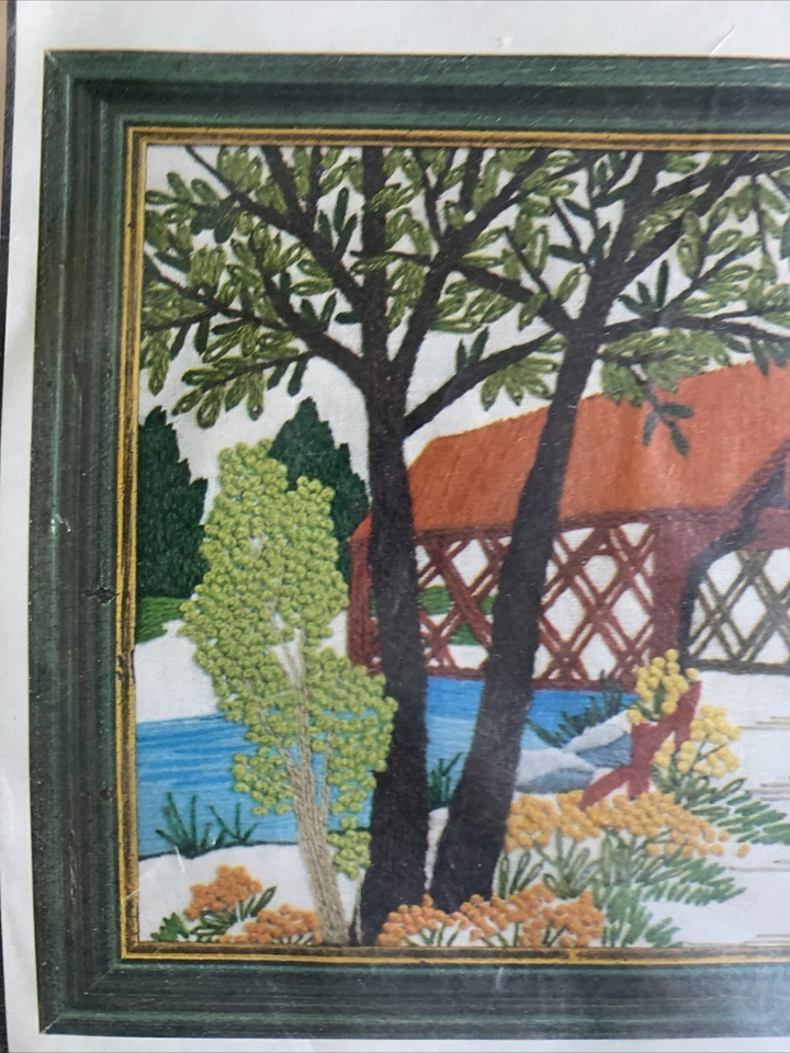 Covered Bridge in Summer Vintage Linen Crewel Kit Caron NIP 12x9 - Image 3 of 4