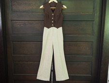VTG 70s Brown Western Hippie Rodeo Disco Party Sleeveless Jumpsuit Wide Leg XS