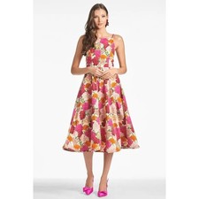 Floral A-Line Midi Dress Pink Orange Square Neck Smocked Back Double Straps