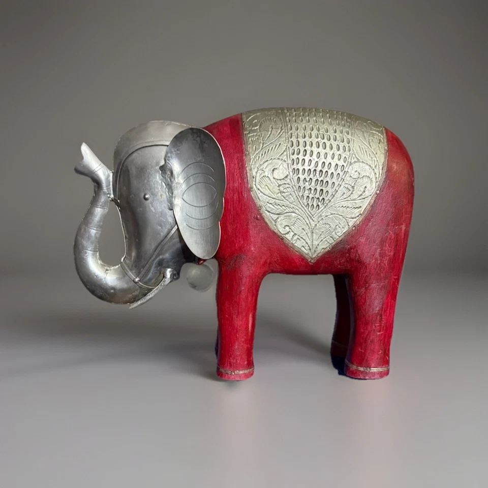 Vintage Red Wood Elephant - Large Decorative Statue - Metal Accents - Image 2 of 4
