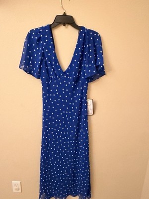 Macy's Blue/White Polka Dot Fit & Flare A-Line Midi Dress V-Neck Sz 8