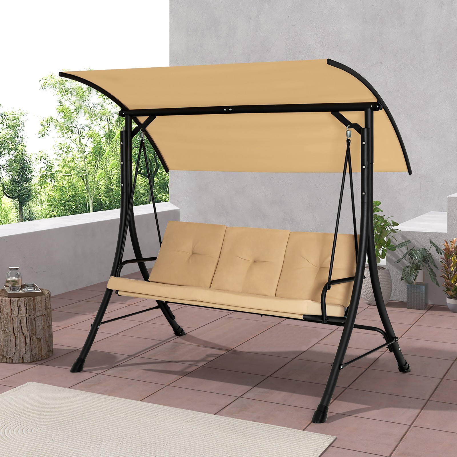 3 Person Patio Porch Swing Outdoor Swing Chair w/ Cushions &