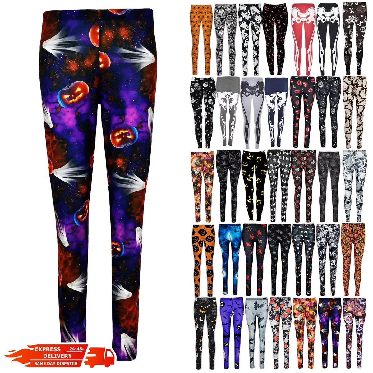 Ladies Womens Halloween Full Ankle Length Skull Paint Fancy Jeggings  Leggings