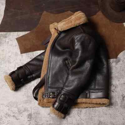 Men's Brown B3 RAF Pilot Bomber Cozy Fur Geniune Sheepskin Leather Jacket Coat