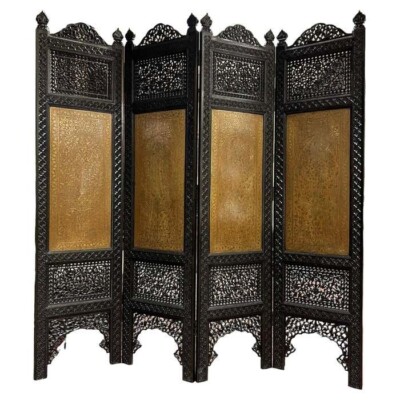 Middle Eastern Arabesque Inlaid Brass Ebonized Screen / Room Divider