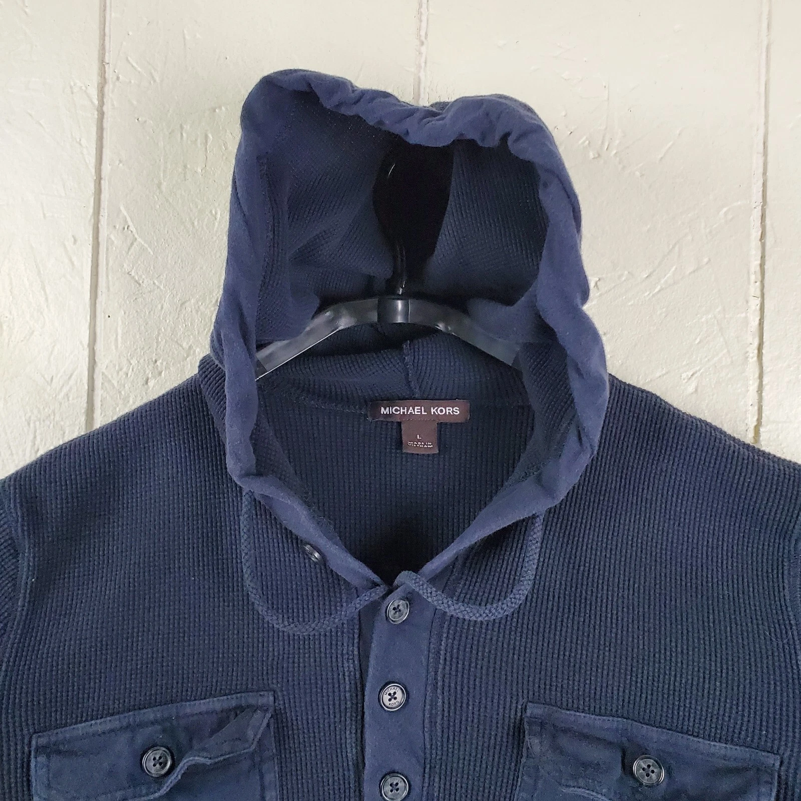 Michael Kors Felpa con Cappuccio Uomo Grande Blu Henley 1 4 Bottone Manica Lunga Tasca Elasticizzata