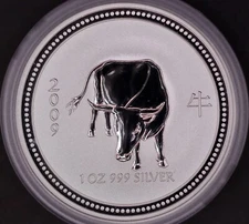 2007 (2009) Perth Mint Lunar Series I Year of The Ox 1 oz Silver Coin In Cap BU