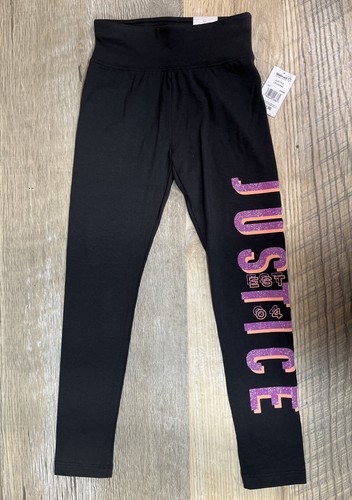 JUSTICE Leggings Girl's S 7/8 Black & Purple Glitter Logo Full Length Pants NWT