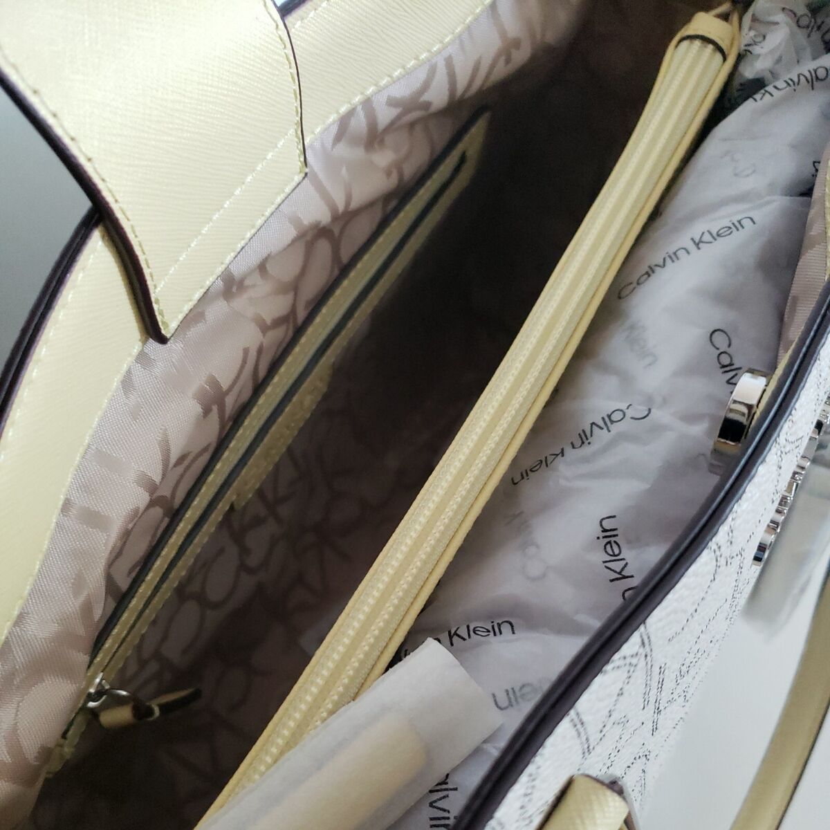 CALVIN KLEIN Monogram CK Signature Cream Satchel Hand-Bag CALVIN KLEIN Monogram CK Signature Cream Satchel Hand-Bag