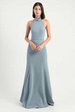 $280 Jenny Yoo Collection Mayan Blue Halter Stretch Crepe Petra Gown 0 NEW J501