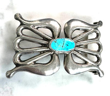 NATIVE AMERICAN N.TSO,NAVAJO 925 STERLING SILVER AND TURQUOISE BELT BUCKLE