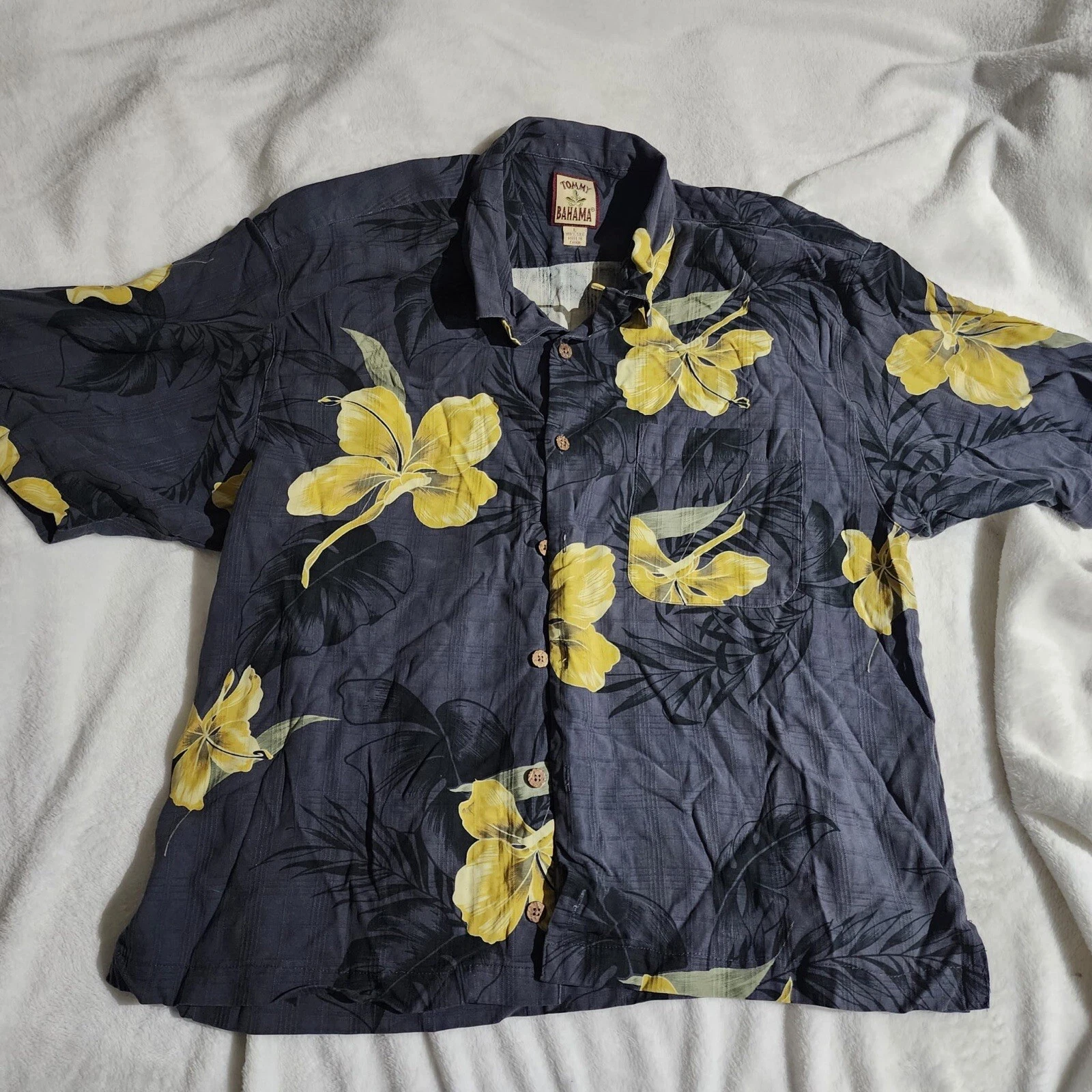 Tommy Bahama Men's Gray Floral Silk Hawaiian Camp Aloha Shirt Size L.