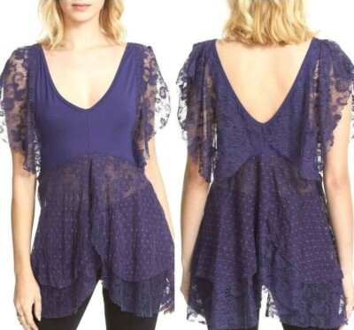 Free People Sheer Lace Ruffle Top Fairy Wing Festival Tunic Blue-Purple