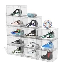 Knifefish 12 Packs Large Acrylic Clear Shoe Boxes Organizers with Magnetic Door