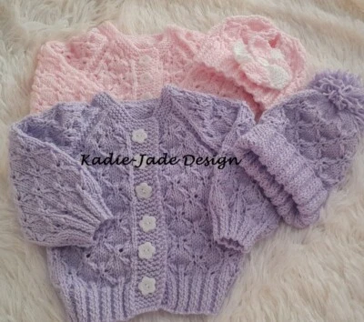KADIE-JADE Baby Knitting Pattern #128 - To make a Cardigan, Hat & Cap for 0-3m/3-6m Baby