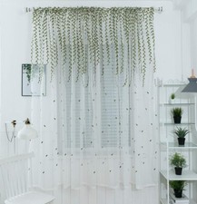 2 Panel Green Embroidered Willow Twigs Voile Sheer Window Curtain Drapes Bedroom