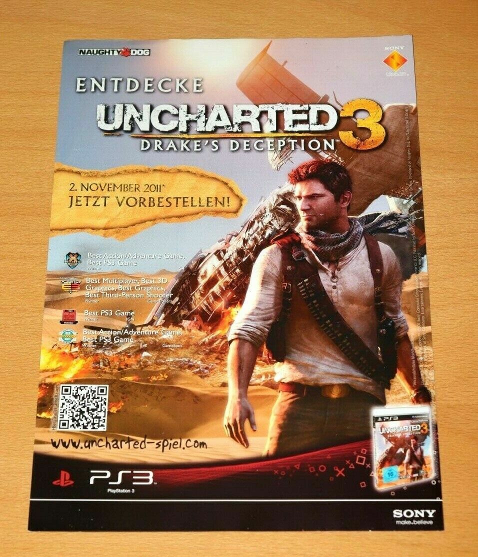 Uncharted 3 Drake's Deception PS3 Ps4 Promo Poster / Ad Art Print  Advertisement