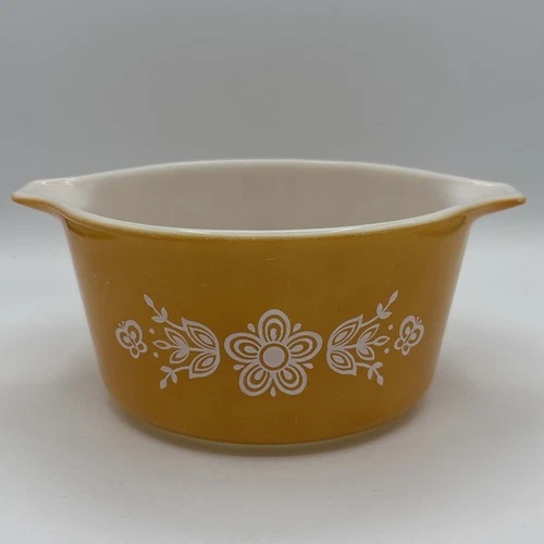 Vintage Pyrex Butterfly Gold 473-B 1 Quart Casserole Dish Flowers 1972 VG Cond