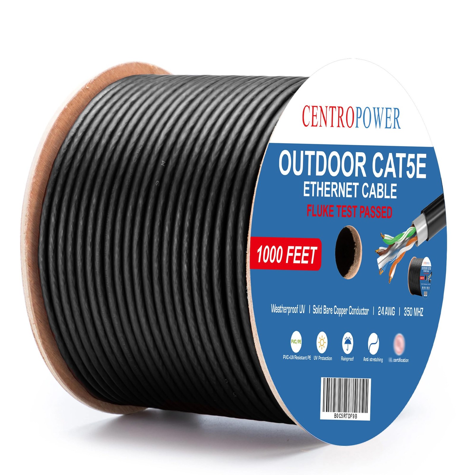 Outdoor Cat 5e Ethernet Cable 1000 ft, 24AWG Solid Bare Copper Conductor, Dir...
