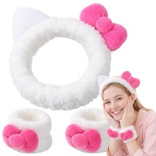 JazSwirl Cat Ear Spa Headband with Wristbands for Women, Cute Bow Makeup Head...