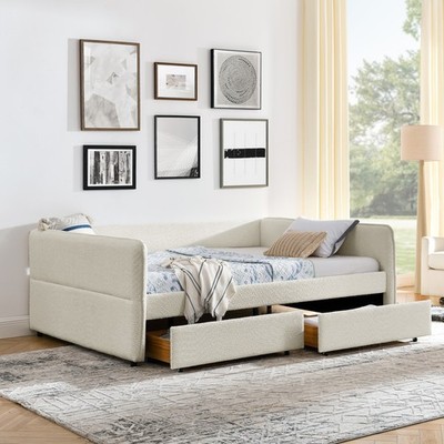 Queen Size Daybed Modern Boucle Fabric Upholstered Sofa Bed with 2 Drawers Beige
