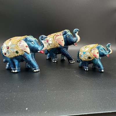 Set of 3 Blue Elephant Figurines with Gold Decorative Blankets
