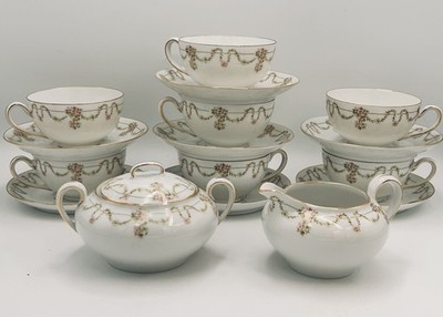 Antique Tirschenreuth Bavaria Arbutus Pink Garland Cups Saucers Sugar Bowl Cream