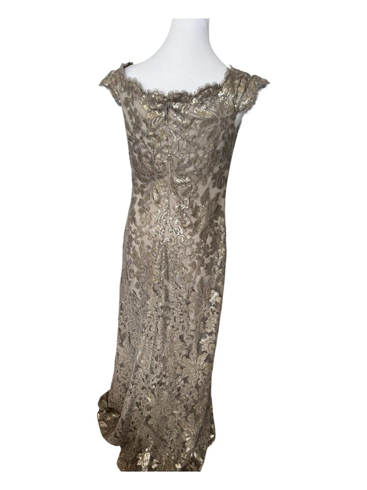 Tadashi Shoji Size 6 Paillette Embroidered Lace Gown Off Shoulder Champagne - Image 3 of 4