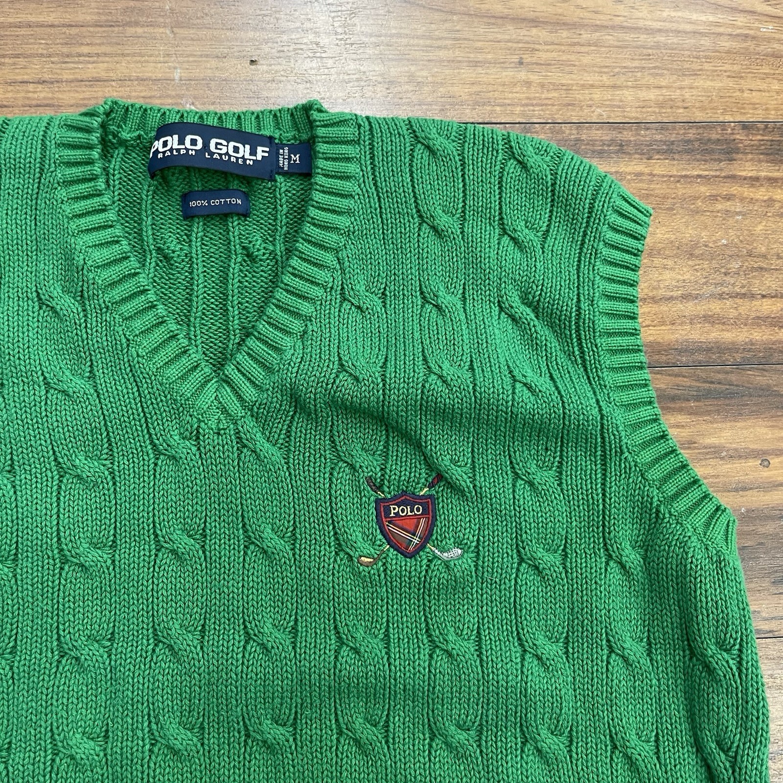 Vintage Polo Golf Ralph Lauren Men M Green Cable Knit Sweater Vest Crest Golfing thumbnail 3
