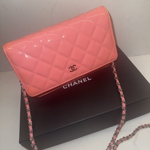 Chanel WOC Pink Patent Wallet on Chain Silver Hardware Authentic With Box
