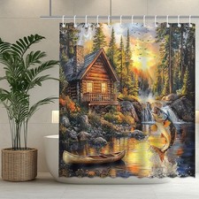 Cabin Bass Wilderness Lodge Fabric Shower Curtain, Modern Rustic, 72"x72" - NEW