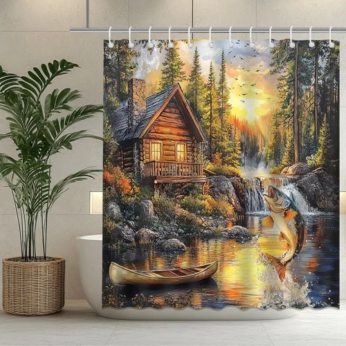 Cabin Bass Wilderness Lodge Fabric Shower Curtain, Modern Rustic, 72"x72" - NEW