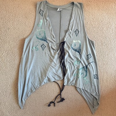 Blue Fish Long Maxi Vest Sz XL Lagenlook Artsy Boho Fish Print Blue Front Tie